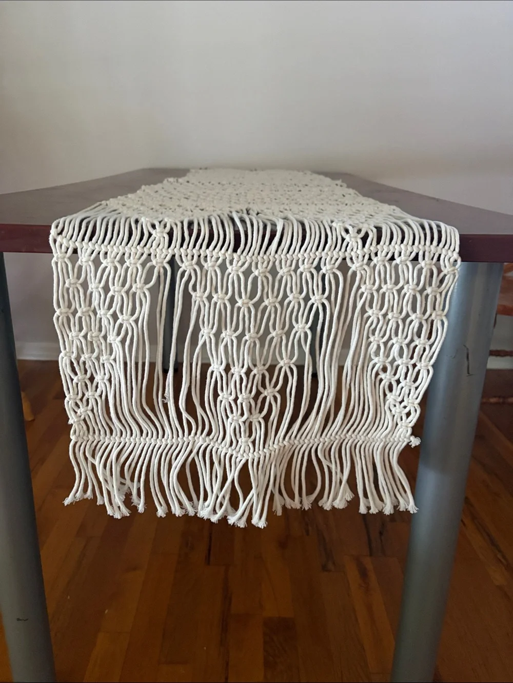 Handmade Macramé Table Runner Boho Cotton Fringe Natural Ivory Knotted Decor